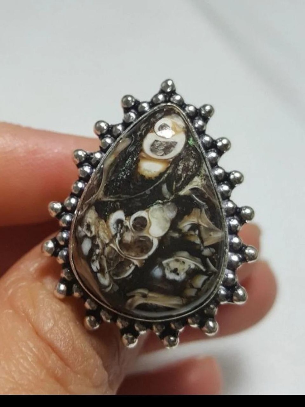 925 Silver Turritella Agate Teardrop Black and Cream Artisan Statement Ring